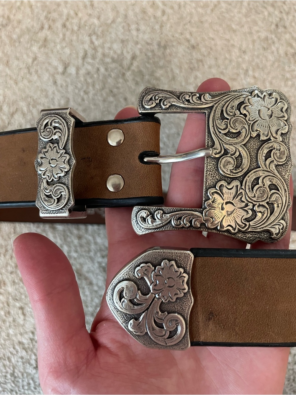 Beautiful Western Brown Genuine Leather Belt with Ornate Silver Buckle